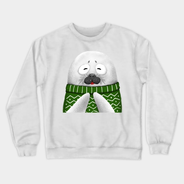 Cute Seal Wearing Green Sweater Crewneck Sweatshirt by Luna Illustration